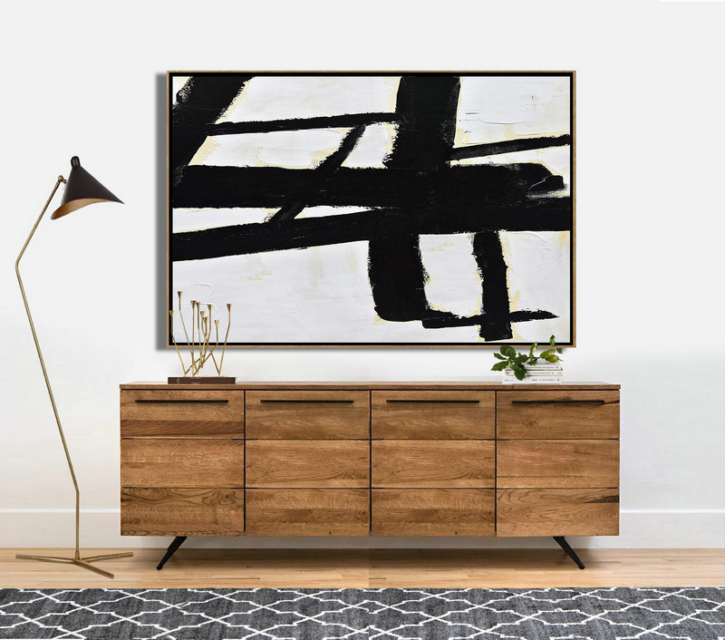 Large Contemporary Painting,Horizontal Palette Knife Minimal Canvas Art Painting Black White Beige - Acrylic Painting On Canvas